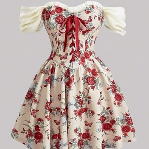 New Red Floral Butterfly Cortagecore Dress